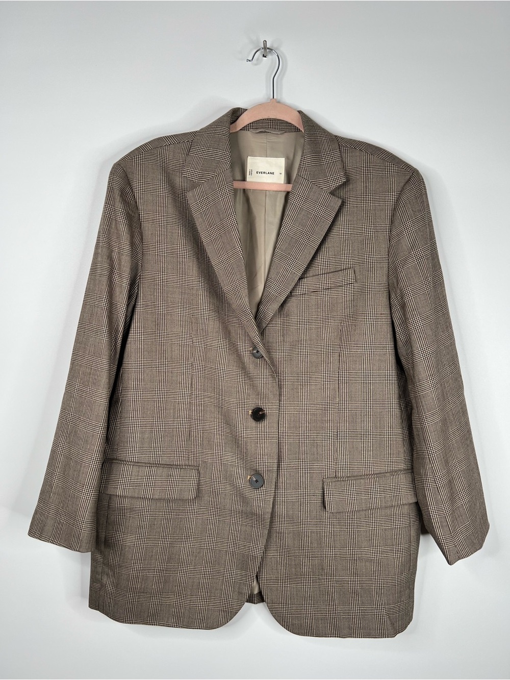 Everlane Blazer Tailor Twill Brown Glen Plaid Jacket Three Button Front Size 14